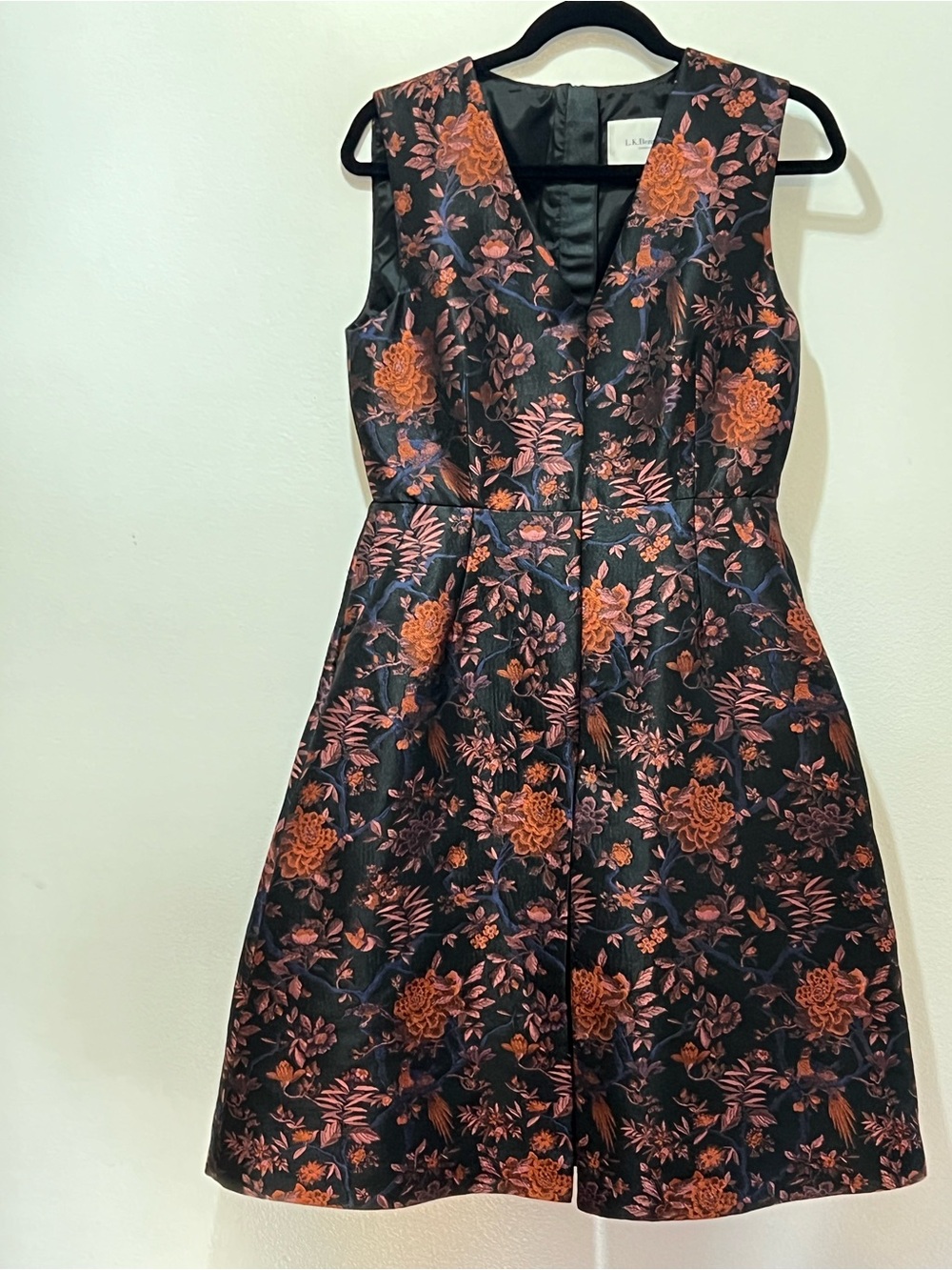 LK Bennett Black Midi Dress with Copper Floral Jacquard